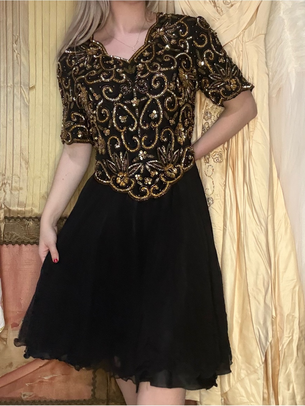 Vintage 80’s Laurence Kazar Black Dress with Gold Beaded Bodice